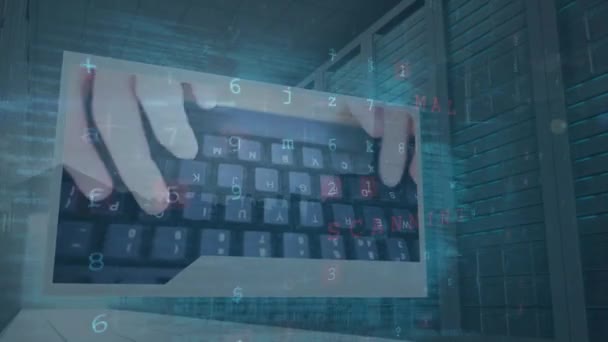 Animacja Ekranów Przetwarzaniem Danych Cyberbezpieczeństwa Serwerowni Koncepcja Bezpieczeństwa Cybernetycznego Technologii — Wideo stockowe