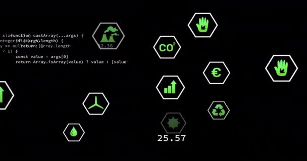 Animation Eco Icons Data Processing Black Background Global Environment Science — Stock Video