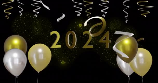 黒い背景に2024とパーティストリーマーを持つ金と銀の風船のアニメーション 大晦日 パーティー お祝い 伝統的なコンセプトがデジタル生成されたビデオ — ストック動画