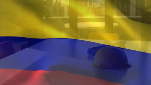 Animáció Zászló Kolumbia Integetett Sárga Sisak Alaprajz Asztalon Üveg Ablak — Stock videók