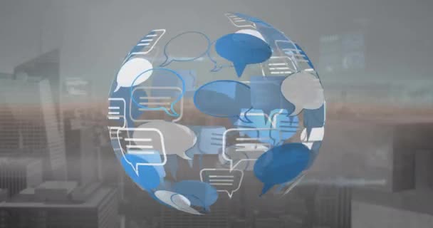 Animatie Van Iconen Roterende Wereldbol Grafieken Cirkels Modern Stadsbeeld Digitaal — Stockvideo
