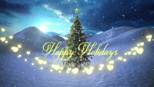 ハッピーホリデーのテキスト 妖精のライト 冬の風景にクリスマスツリーに落ちる雪のアニメーション クリスマスのお祭りとホリデーシーズンのコンセプト — ストック動画