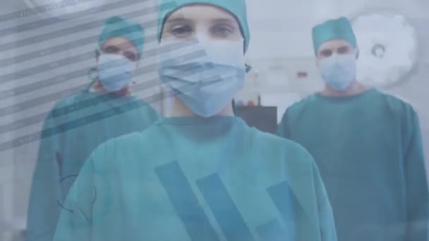 多様な外科医に対する財務データ処理のアニメーション グローバル医療 コネクション コンピューティング データ処理のコンセプトをデジタル生成したビデオ — ストック動画