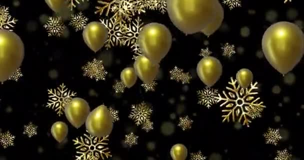 Animacja Złotych Balonów Płatkami Śniegu Czarnym Tle Sylwester Sylwester Przyjęcie — Wideo stockowe