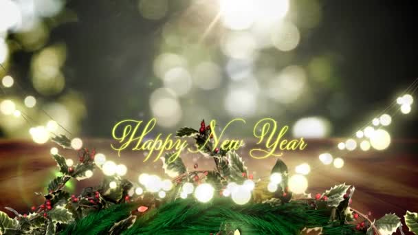 Animacja Szczęśliwego Nowego Roku Baner Tekstowy Świecące Światła Bajki Przeciwko — Wideo stockowe