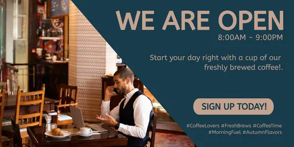We are open, 8am to 9pm, sign up today text over caucasian man talking on phone in restaurant. Composite, laptop, food, marketing, business, advertise, template, design, creative concept.