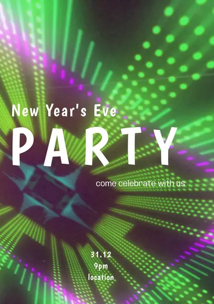 New year\'s eve party come celebrate with us text in white over green and purple lights. New year celebration party invite template with holding text for details digitally generated image.