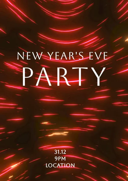 New year\'s eve party text in white over swirls of red light on black. New year celebration party invite template with holding text for details digitally generated image.