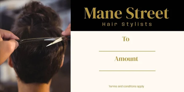 Mane street hair stylists with to and amount text over caucasian hands cutting customer\'s hair. Composite, appointment, marketing, business, card, advertise, template, design, creative.