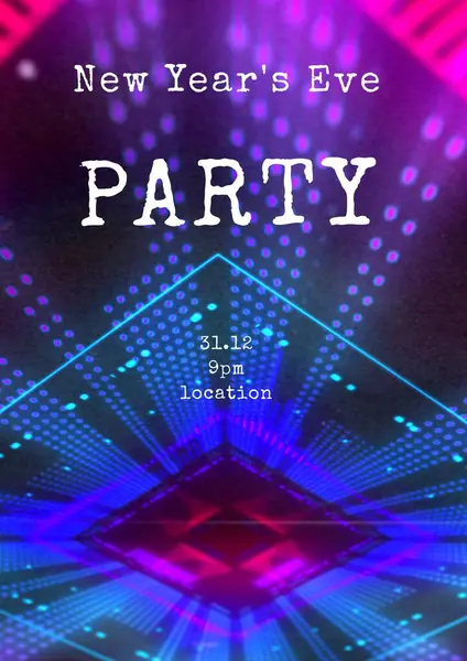 New year\'s eve party text in white over diamond shaped tunnel of blue and pink lights. New year celebration party invite template with holding text for details digitally generated image.
