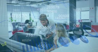 Animation of data processing over diverse business people in office. Global business, finances, computing and data processing concept digitally generated video.