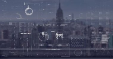 Dünya 'nın animasyonu, radar, çubuklar ve daireler yükleme modern şehir üzerinde gökyüzüne karşı. Dijital bileşim, çoklu pozlama, ilerleme, iş, küreselleşme, yapı ve mimari kavramı.