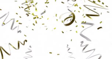 Beyaz arka planda parti flamaları ve konfeti animasyonu. Yeni yıl, yeni yıl arifesi, parti, kutlama ve geleneksel konsept dijital olarak oluşturulmuş video.