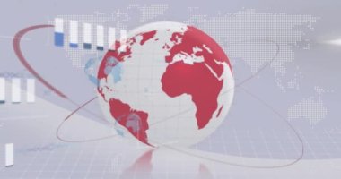 Küre animasyonu, finansal veri işleme ve ışık arkaplan istatistikleri. Dijital olarak oluşturulmuş küresel istatistik, bilgisayar ve veri işleme kavramı.