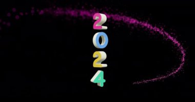 2024 'ün animasyonu siyah arka planda parlayan ışık izi üzerinde. Yeni yıl, yeni yıl arifesi, parti, kutlama ve geleneksel konsept dijital olarak oluşturulmuş video.