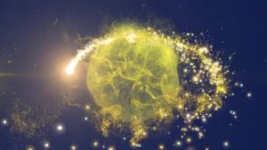 Koyu arkaplanda parlayan sarı küre üzerinde kayan yıldızın animasyonu. Renk, hareket ve ışık konsepti dijital olarak oluşturulmuş video.