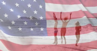 Amerika bayrağının yaz aylarında sahildeki çeşitli arkadaşlara karşı animasyonu. Usa, Amerikan çeşitliliği, ulusal bayrak ve vatanseverlik kavramı dijital olarak oluşturulmuş video.