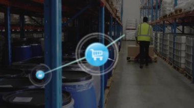 Afro-Amerikan işçilerin karton kutuları tramvayla taşıması üzerine bağlantılı simgelerin canlandırılması. Dijital bileşik, çoklu pozlama, iletişim, nakliye ve dağıtım kavramı.