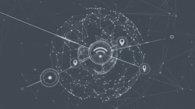 Siyah arkaplanda dönen yerküreler üzerindeki bağlı kablosuz ağ ve GPS simgelerinin canlandırılması. Dijital olarak üretilmiş, çoklu pozlama, internet, konum, yön, ağ, küreselleşme ve teknoloji.