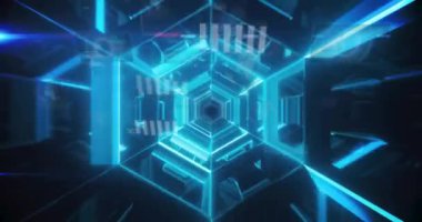 Grafiklerin, kürelerin ve bilgisayar dilinin, siyah arkaplana karşı altıgen tüneli üzerindeki animasyonu. Dijital olarak üretilmiş, hologram, küreselleşme, rapor, iş dünyası, kodlama, gelecekçi ve teknoloji.