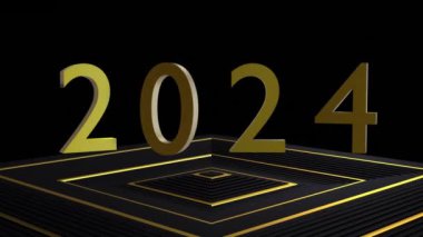 2024 'ün animasyonu ve siyah arkaplanda altın deseni. Yeni yıl, yeni yıl arifesi, parti, kutlama ve geleneksel konsept dijital olarak oluşturulmuş video.