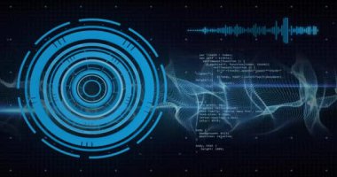Daireler yüklemenin animasyonu, ses dalgası, soyut şablon, siyah arkaplan üzerinde bilgisayar dili. Dijital olarak üretilmiş, hologram, illüstrasyon, iş, ilerleme, kodlama ve teknoloji kavramı.