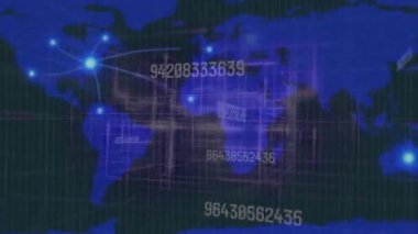 Sayıları değiştirmenin ve dünya haritası ve veri işleme üzerinde parlayan noktaları birleştirmenin animasyonu. Küresel ağ ve iş teknolojisi kavramı