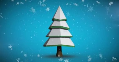 Mavi arka planda karla kaplı Noel ağacının üzerine düşen kar tanelerinin animasyonu. Noel şenliği ve kutlama konsepti