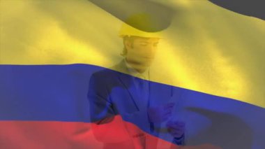 Kolombiya bayrağı animasyonu, kask takan Kafkas mühendisi tasarımı. Dijital bileşim, çoklu pozlama, meslek, güvenlik, özgürlük, hükümet ve vatanseverlik kavramı.