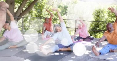 Bahçede yoga yapan farklı yaşlı insanlar üzerinde ışık ve ağaçların animasyonu. Yoga, yaşlı yaşam tarzı, fitness, aktif yaşam tarzı ve emeklilik konsepti dijital olarak oluşturulmuş video.