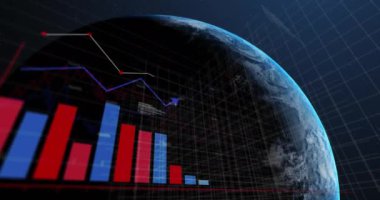 Animation of statistical data processing over globe against blue background. Global networking and business data technology concept