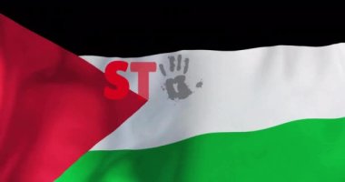 Filistin bayrağı üzerindeki savaş metninin durdurulması. Filistin İsrail çatışması, finans, iş ve küresel politika kavramı dijital olarak oluşturuldu.