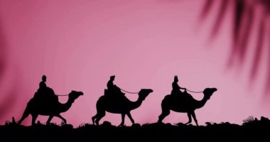 Pembe arka planda develerin üzerindeki bilge adamların Noel animasyonu. Noel, gelenek, kutlama hareketi ve dijital olarak üretilen renk konsepti.