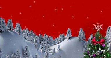 Kış manzarasında kırmızı arka planda, Noel ağacının üzerine düşen kar animasyonu. Noel şenliği ve kutlama konsepti