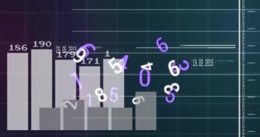 Mavi arkaplanla istatistiksel veri işleme üzerinde yüzen numaraların animasyonu. Bilgisayar arayüzü ve iş veri teknolojisi kavramı