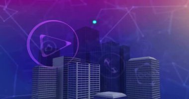 Çemberlerdeki güç düğmesinin animasyonu, simge ve modern binaların üzerindeki birleşik noktalar. Dijital olarak üretilmiş, hologram, illüstrasyon, iletişim, şekil, iş ve mimari kavramı.