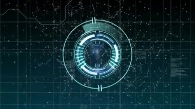 Yuvarlak tarayıcının animasyonu, bağlantıların ağı ve kara arkaplana karşı veri işleme. Küresel ağ ve iş arayüzü teknolojisi kavramı