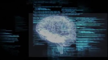 İnsan beyninin animasyonu ve kara arkaplan üzerinde işlenen veri. Küresel bilim, finans, iş ve veri işleme kavramı dijital olarak oluşturulmuş video.