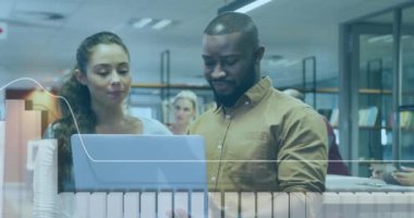 Animation of financial data processing over diverse business people in office. Global business, finances, computing and data processing concept digitally generated video.