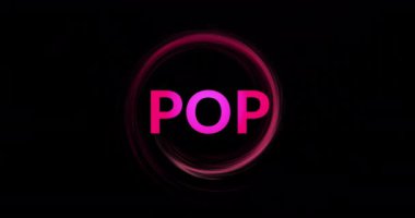 Pembe pop metin animasyonu ve siyah arkaplanda ışık dairesi. Müzik, ışık, hareket ve renk konsepti dijital olarak oluşturulmuş video.