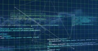 Soyut arkaplan üzerinde ızgara desenli bağlı noktaların ve bilgisayar dilinin animasyonu. Dijital olarak üretilmiş, hologram, illüstrasyon, iletişim, kodlama, programlama dili ve teknoloji.