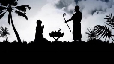 Kış manzarası arka planında Noel İsa 'nın doğumu sahnesinde bulutların canlandırılması. Noel, gelenek, kutlama hareketi ve dijital olarak üretilen renk konsepti.