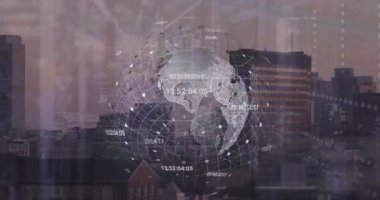 Şebeke modelinin animasyonu ve dünyanın dört bir yanındaki rakamların modern havadan görünüşü üzerinden değişmesi. Dijital bileşim, çoklu pozlama, iş, büyüme, küreselleşme ve mimari kavram.
