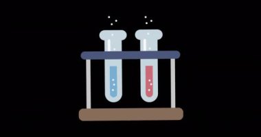 Test tüplerinin siyah arkaplanla karşılaştırıldığında çok renkli soyut kalıpların üzerinde canlandırılması. Dijital olarak üretilmiş, hologram, illüstrasyon, araştırma, tıbbi ve laboratuvar konsepti.