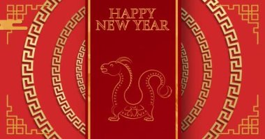 Mutlu yeni yıl metinleri ve Çince desenli ejderha sembolü animasyonu. Çin 'de yeni yıl, ejderha yılı, gelenek ve kutlama konsepti dijital olarak oluşturuldu..