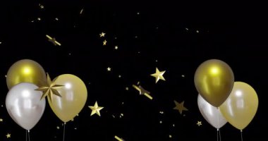 Siyah zemin üzerinde yıldızlar olan altın ve gümüş balonların animasyonu. Yeni yıl, yeni yıl arifesi, parti, kutlama ve geleneksel konsept dijital olarak oluşturulmuş video.