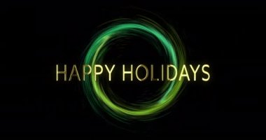 Mutlu bayramlar metni ve siyah arka planda ışık çemberi animasyonu. Noel, gelenek, kutlama hareketi ve dijital olarak üretilen renk konsepti.