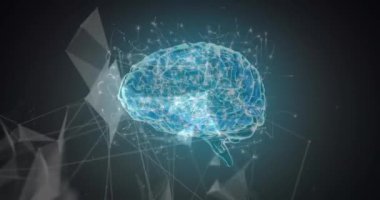 Pleksus ağlarının animasyonu ve mavi arka planda dönen insan beyninin üzerindeki ışık izleri. Tıbbi araştırma ve bilim teknolojisi kavramı
