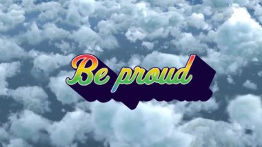 Çok renkli metinlerin animasyonu gökyüzündeki yoğun bulutların havadan görünüşü üzerinde gururlu olmalı. Dijital bileşik, çoklu pozlama, gurur, lgbtqia hakları, lgbtqia kültürü, teknoloji ve farkındalık kavramı.