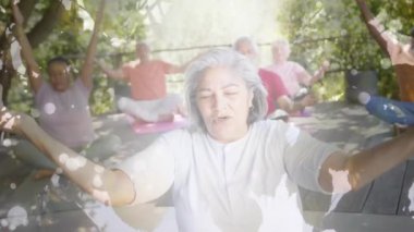 Bahçede yoga yapan farklı yaşlı insanlar üzerinde ışık ve ağaçların animasyonu. Yoga, yaşlı yaşam tarzı, fitness, aktif yaşam tarzı ve emeklilik konsepti dijital olarak oluşturulmuş video.